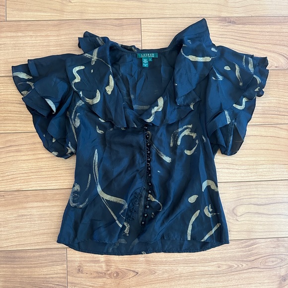 Ralph Lauren Tops - Ralph Lauren Gold and Black Silver Silk Blouse
